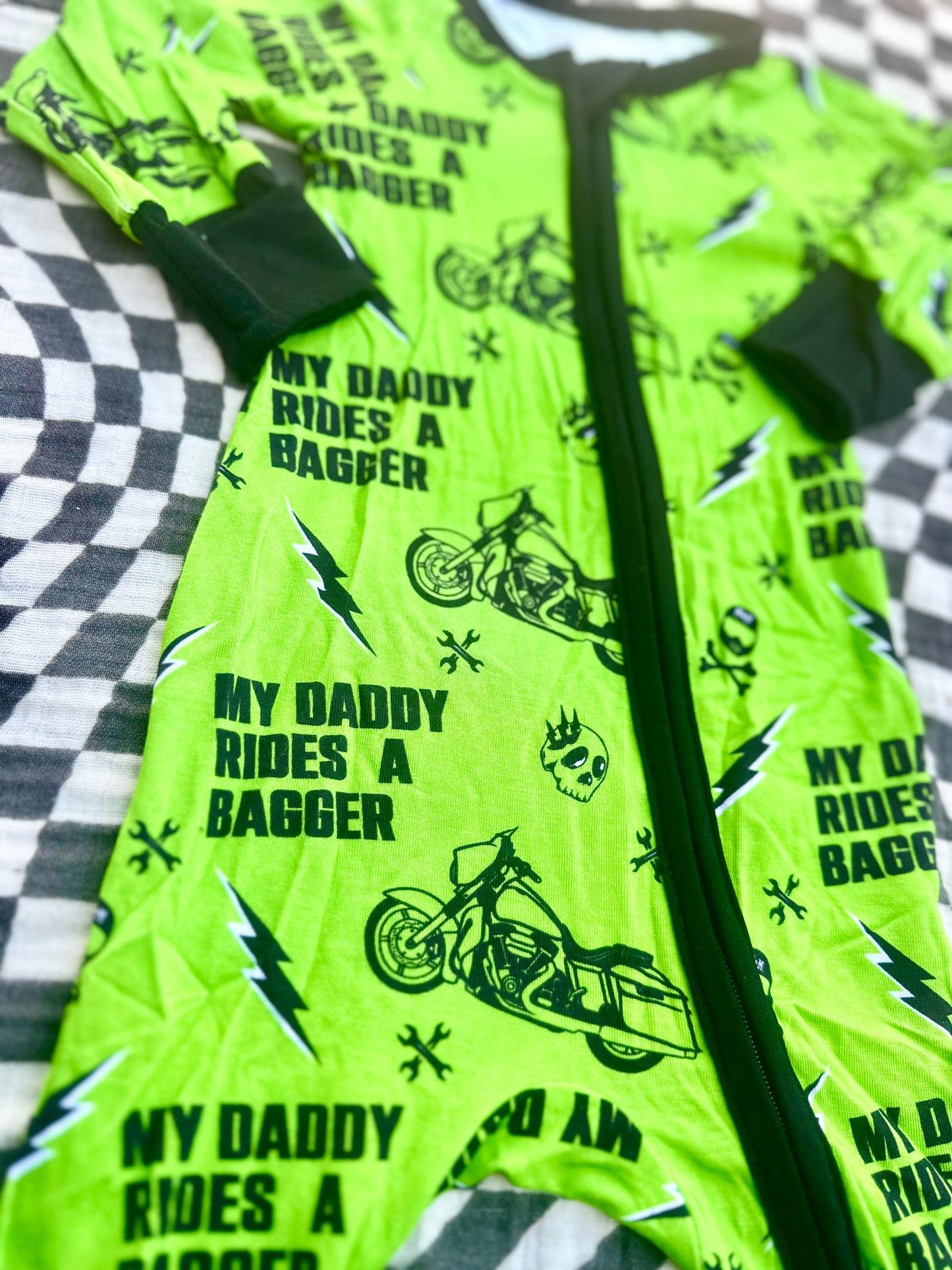 My Daddy Rides a Bagger Zip Onesie in Electric Lime