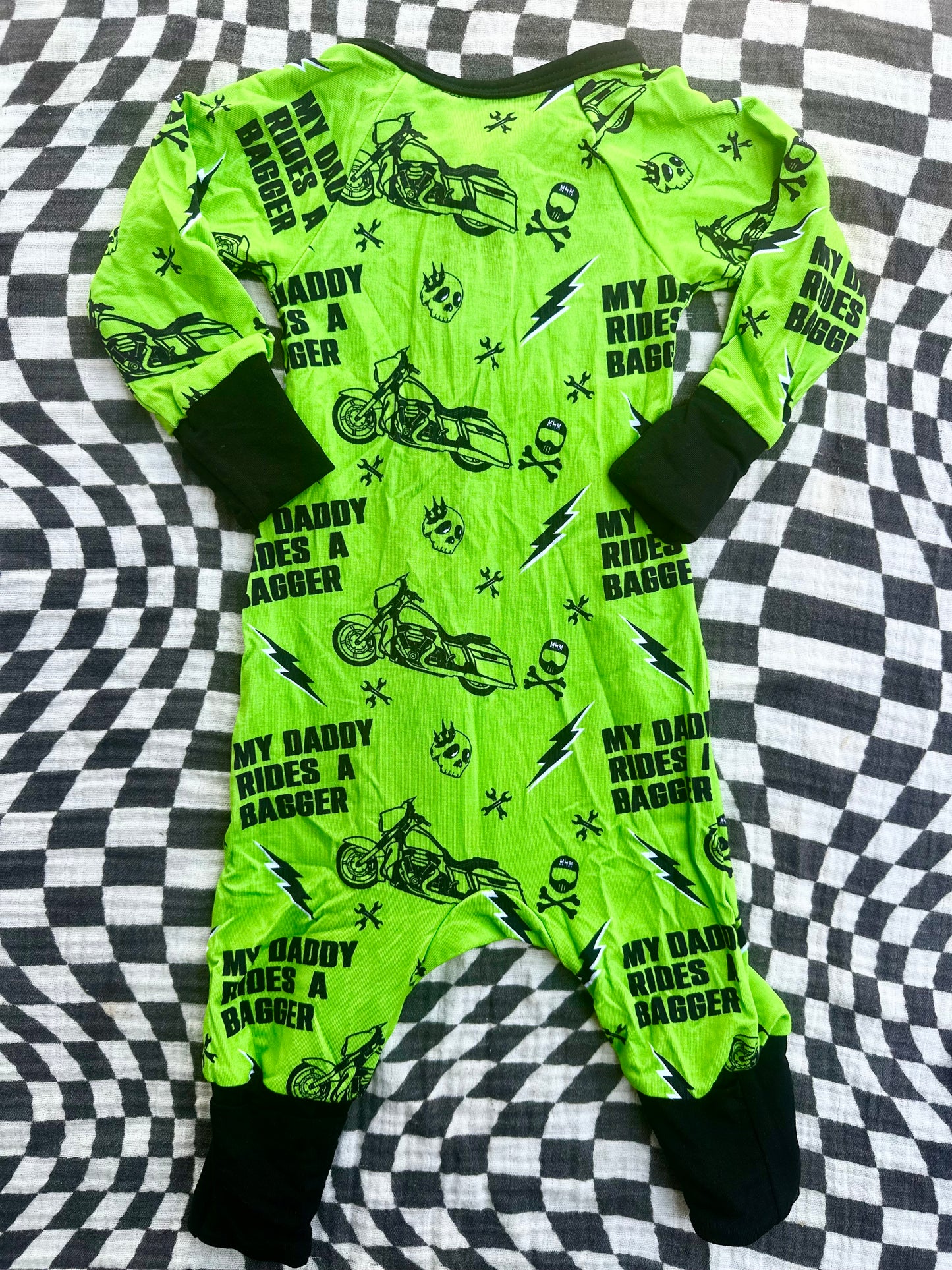 My Daddy Rides a Bagger Zip Onesie in Electric Lime