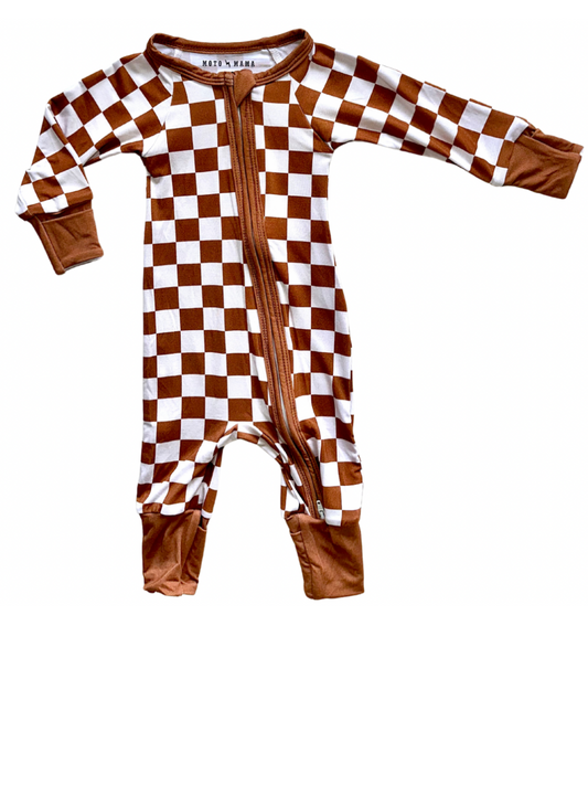 Caramel and White Check Zip Romper